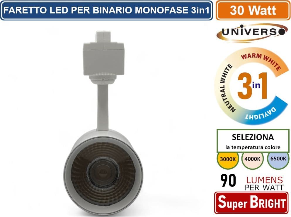 UNIVERSO SL-30W-B3C FARETTO LED DA BINARIO MONOFASE 30W TRACK LIGHT COB 2700 LUMEN CHANGING COLOR CCT 3IN1 - 3