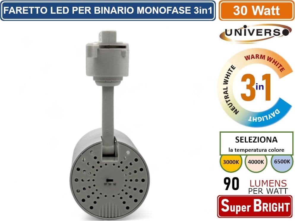 UNIVERSO SL-30W-B3C FARETTO LED DA BINARIO MONOFASE 30W TRACK LIGHT COB 2700 LUMEN CHANGING COLOR CCT 3IN1 - 4