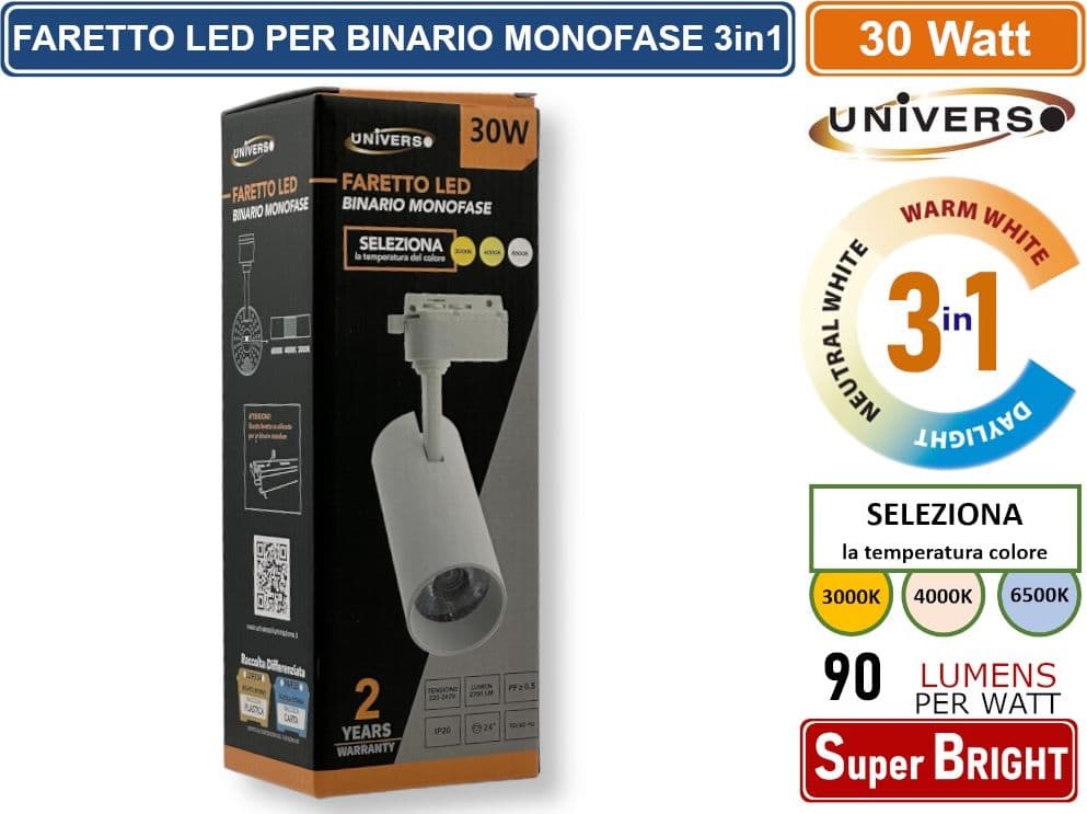 UNIVERSO SL-30W-B3C FARETTO LED DA BINARIO MONOFASE 30W TRACK LIGHT COB 2700 LUMEN CHANGING COLOR CCT 3IN1 - 5