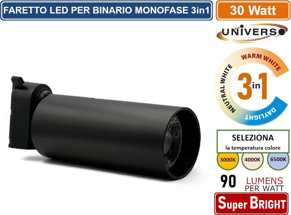 UNIVERSO SL-30W-N3C FARETTO LED DA BINARIO MONOFASE 30W TRACK LIGHT COB 2700 LUMEN CHANGING COLOR CCT 3IN1 - 2