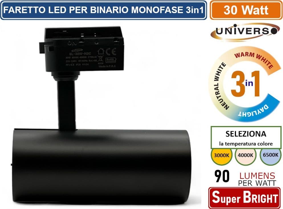 UNIVERSO SL-30W-N3C FARETTO LED DA BINARIO MONOFASE 30W TRACK LIGHT COB 2700 LUMEN CHANGING COLOR CCT 3IN1 - 3