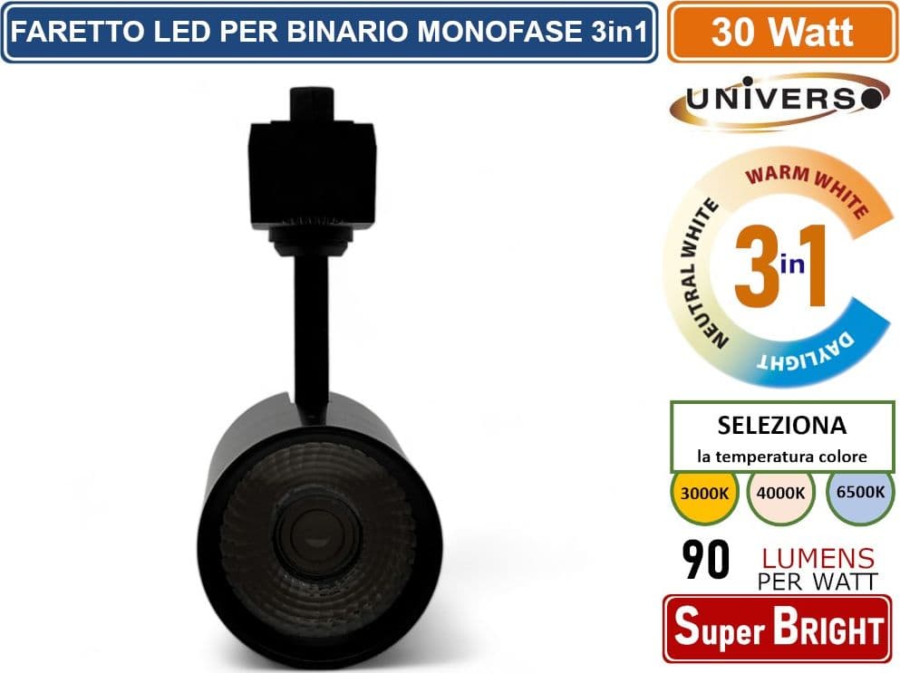 UNIVERSO SL-30W-N3C FARETTO LED DA BINARIO MONOFASE 30W TRACK LIGHT COB 2700 LUMEN CHANGING COLOR CCT 3IN1 - 4