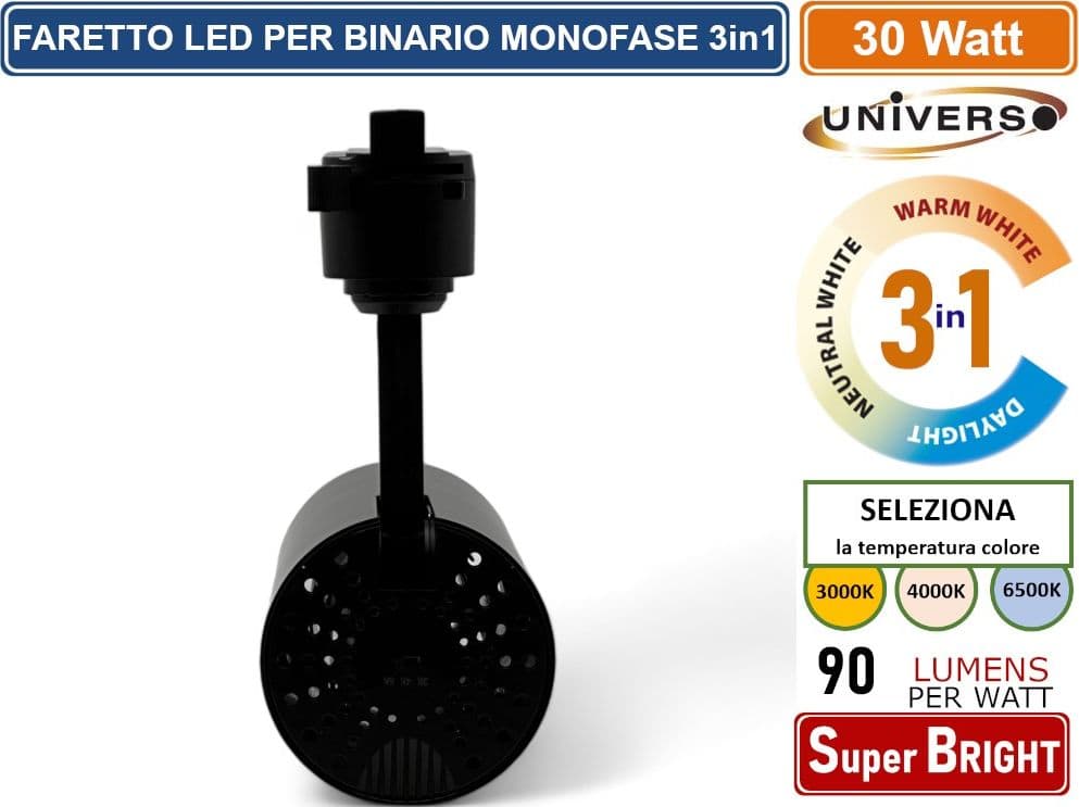 UNIVERSO SL-30W-N3C FARETTO LED DA BINARIO MONOFASE 30W TRACK LIGHT COB 2700 LUMEN CHANGING COLOR CCT 3IN1 - 5