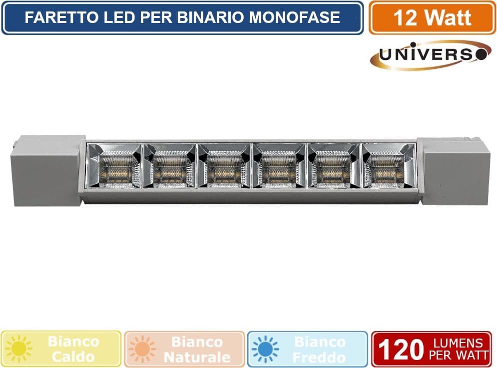 UNIVERSO PST-27-B TRACK LIGHT FARETTO LINEARE LED SMD BIANCO PER BINARIO ELETTRIFICATO MONOFASE 12W 38° - 3