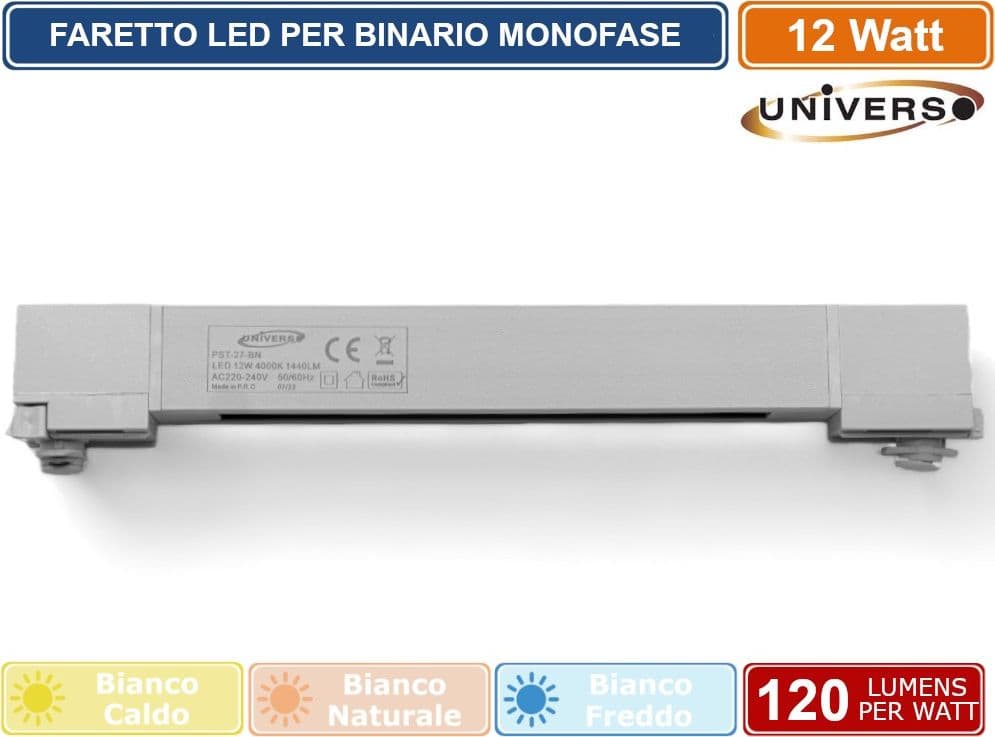 UNIVERSO PST-27-B TRACK LIGHT FARETTO LINEARE LED SMD BIANCO PER BINARIO ELETTRIFICATO MONOFASE 12W 38° - 5