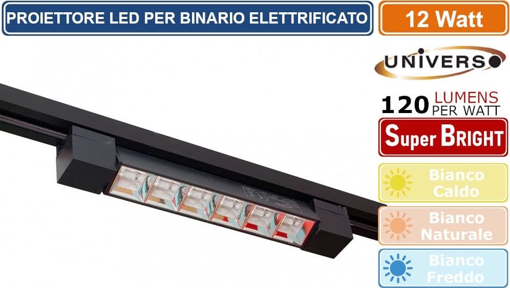 UNIVERSO PST-27-N TRACK LIGHT FARETTO LINEARE LED SMD NERO PER BINARIO ELETTRIFICATO MONOFASE 12W 38°