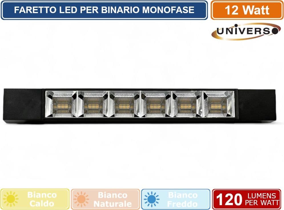 UNIVERSO PST-27-N TRACK LIGHT FARETTO LINEARE LED SMD NERO PER BINARIO ELETTRIFICATO MONOFASE 12W 38° - 2