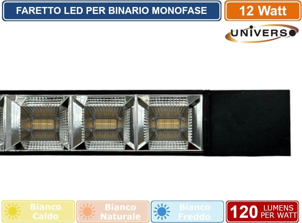 UNIVERSO PST-27-N TRACK LIGHT FARETTO LINEARE LED SMD NERO PER BINARIO ELETTRIFICATO MONOFASE 12W 38° - 4