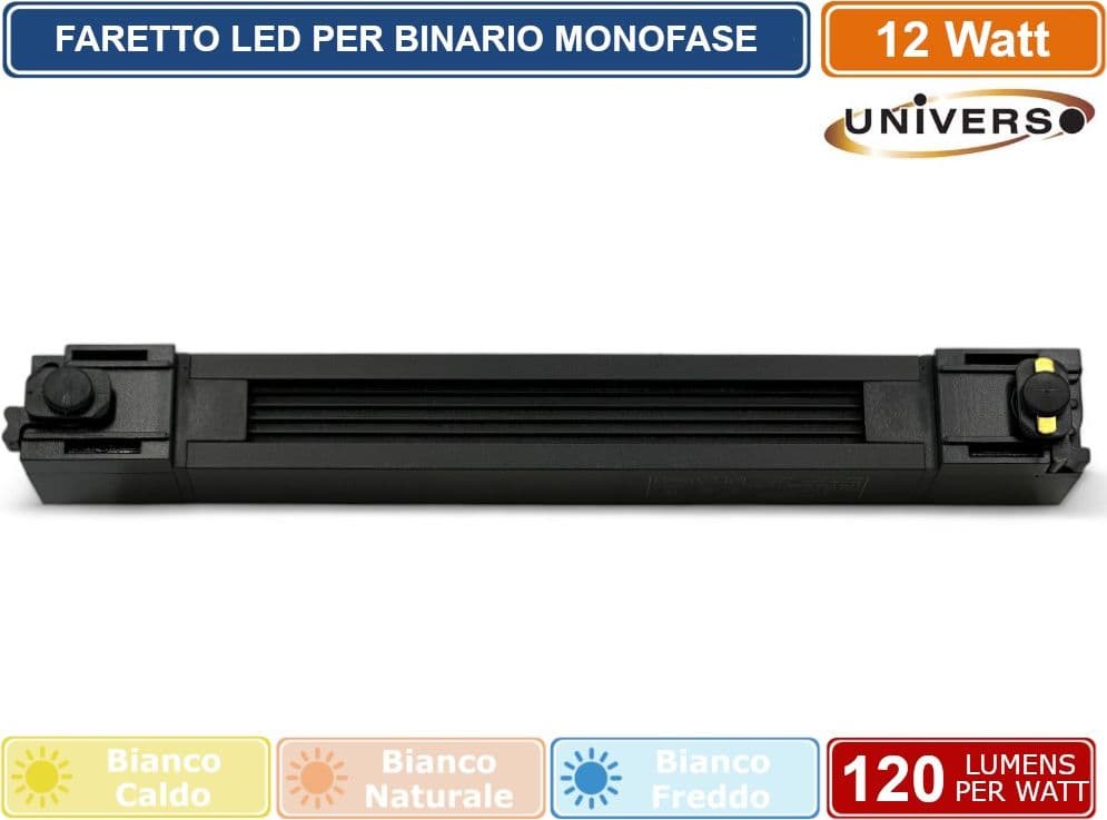 UNIVERSO PST-27-N TRACK LIGHT FARETTO LINEARE LED SMD NERO PER BINARIO ELETTRIFICATO MONOFASE 12W 38° - 5