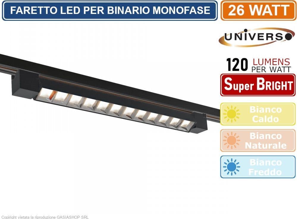 UNIVERSO PST-47-N TRACK LIGHT FARETTO LINEARE LED SMD NERO PER BINARIO ELETTRIFICATO MONOFASE 26W 38° - 6