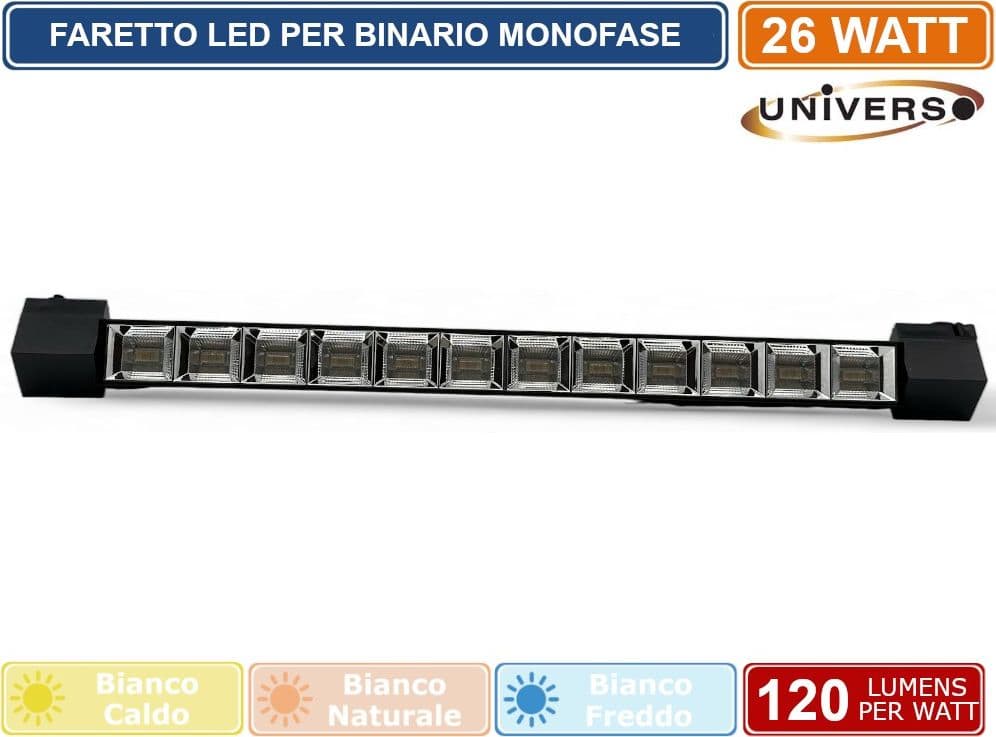 UNIVERSO PST-47-N TRACK LIGHT FARETTO LINEARE LED SMD NERO PER BINARIO ELETTRIFICATO MONOFASE 26W 38° - 2