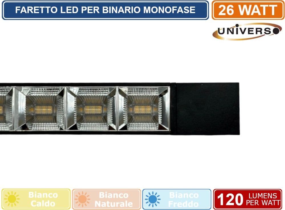 UNIVERSO PST-47-N TRACK LIGHT FARETTO LINEARE LED SMD NERO PER BINARIO ELETTRIFICATO MONOFASE 26W 38° - 4