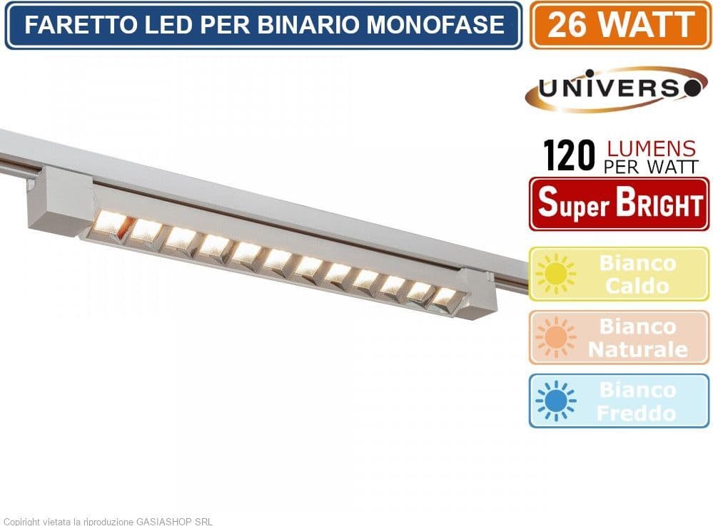 UNIVERSO PST-47-N TRACK LIGHT FARETTO LINEARE LED SMD BIANCO PER BINARIO ELETTRIFICATO MONOFASE 26W 38° - 6