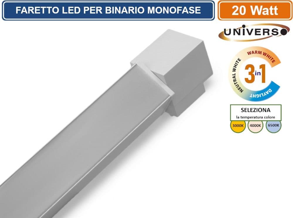 UNIVERSO PST-57-B3C TRACK LIGHT FARETTO LINEARE LED PER BINARIO ELETTRIFICATO MONOFASE 20W CHANGING COLOR CCT 3IN1 - 3