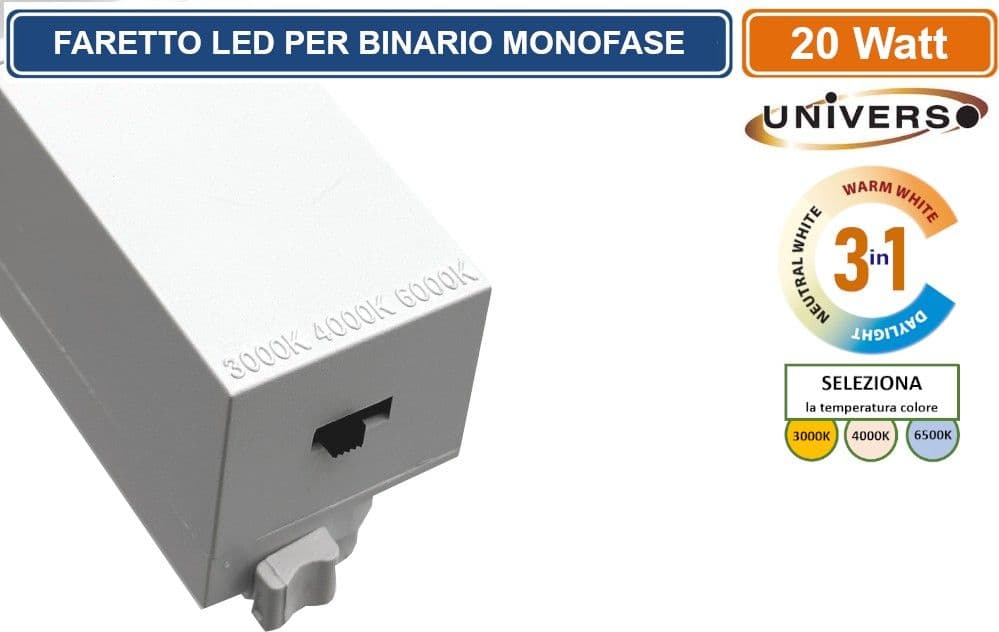 UNIVERSO PST-57-B3C TRACK LIGHT FARETTO LINEARE LED PER BINARIO ELETTRIFICATO MONOFASE 20W CHANGING COLOR CCT 3IN1 - 4
