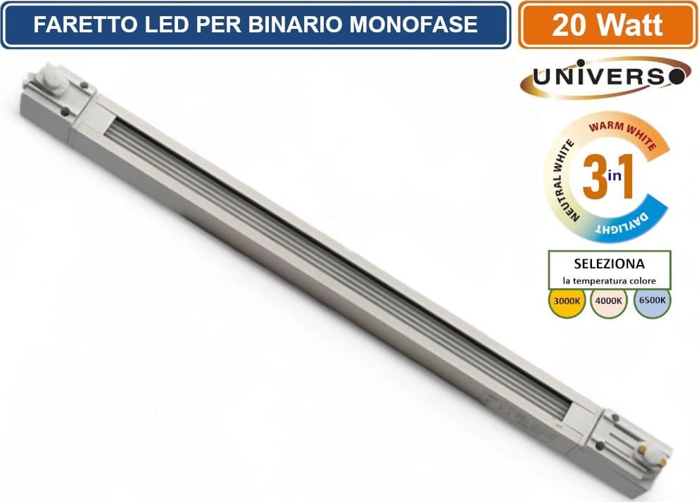 UNIVERSO PST-57-B3C TRACK LIGHT FARETTO LINEARE LED PER BINARIO ELETTRIFICATO MONOFASE 20W CHANGING COLOR CCT 3IN1 - 5