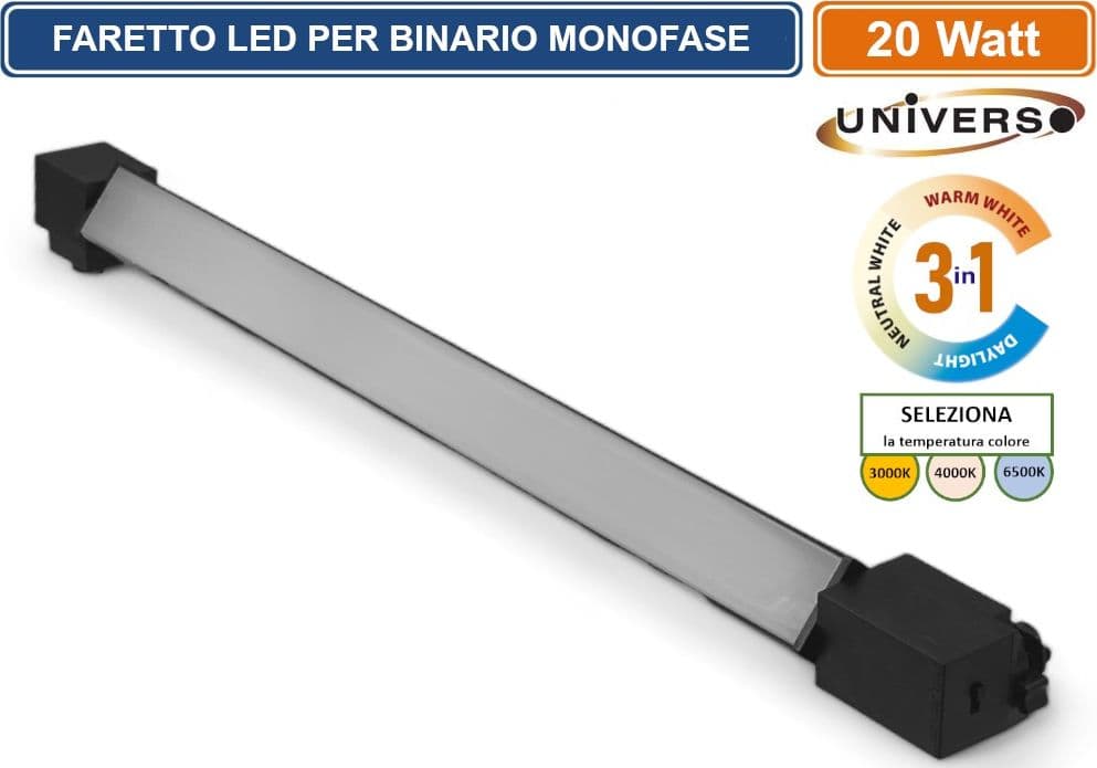 UNIVERSO PST-57-N3C TRACK LIGHT FARETTO LINEARE LED PER BINARIO ELETTRIFICATO MONOFASE 20W CHANGING COLOR CCT 3IN1 - 2