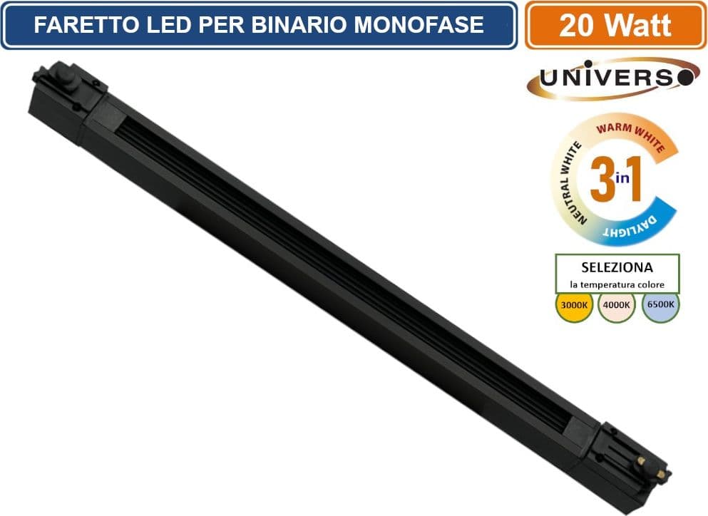 UNIVERSO PST-57-N3C TRACK LIGHT FARETTO LINEARE LED PER BINARIO ELETTRIFICATO MONOFASE 20W CHANGING COLOR CCT 3IN1 - 3