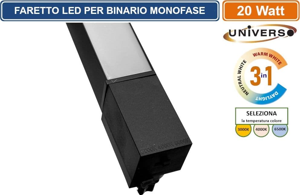 UNIVERSO PST-57-N3C TRACK LIGHT FARETTO LINEARE LED PER BINARIO ELETTRIFICATO MONOFASE 20W CHANGING COLOR CCT 3IN1 - 4