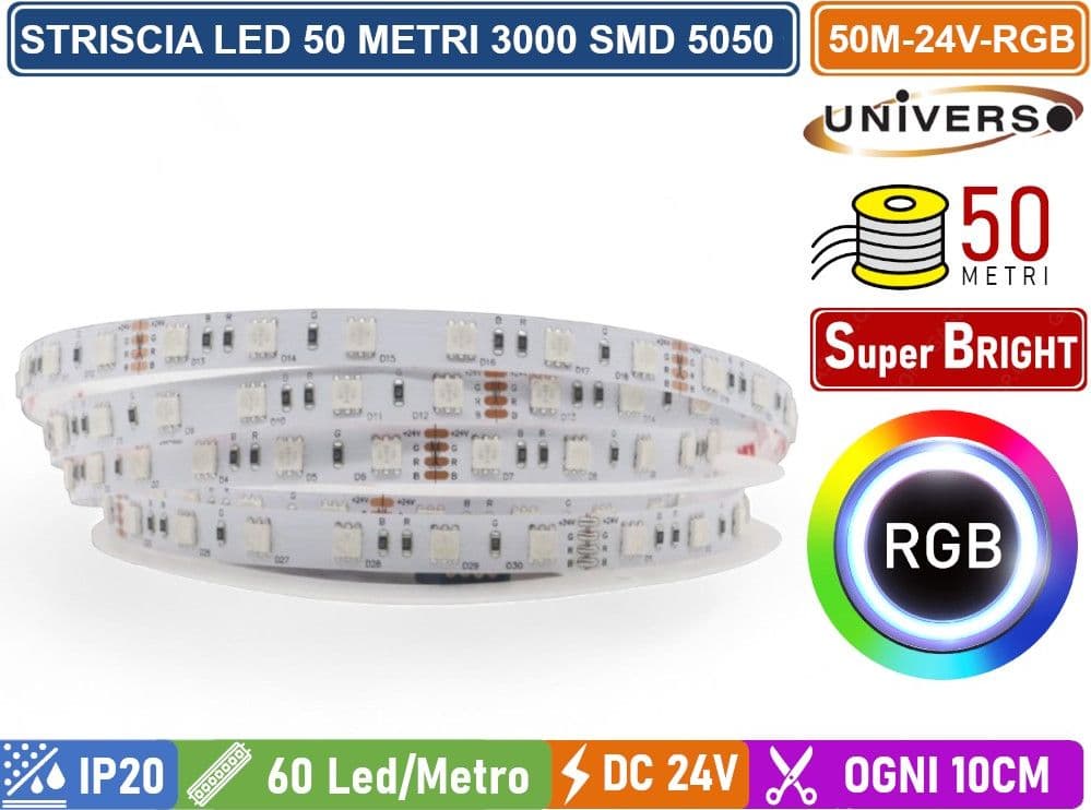 UNIVERSO 50M-24V-RGB STRISCIA LED FLESSIBILE 500W SMD RGB 60 LED/METRO 24V - BOBINA DA 50 METRI - 3