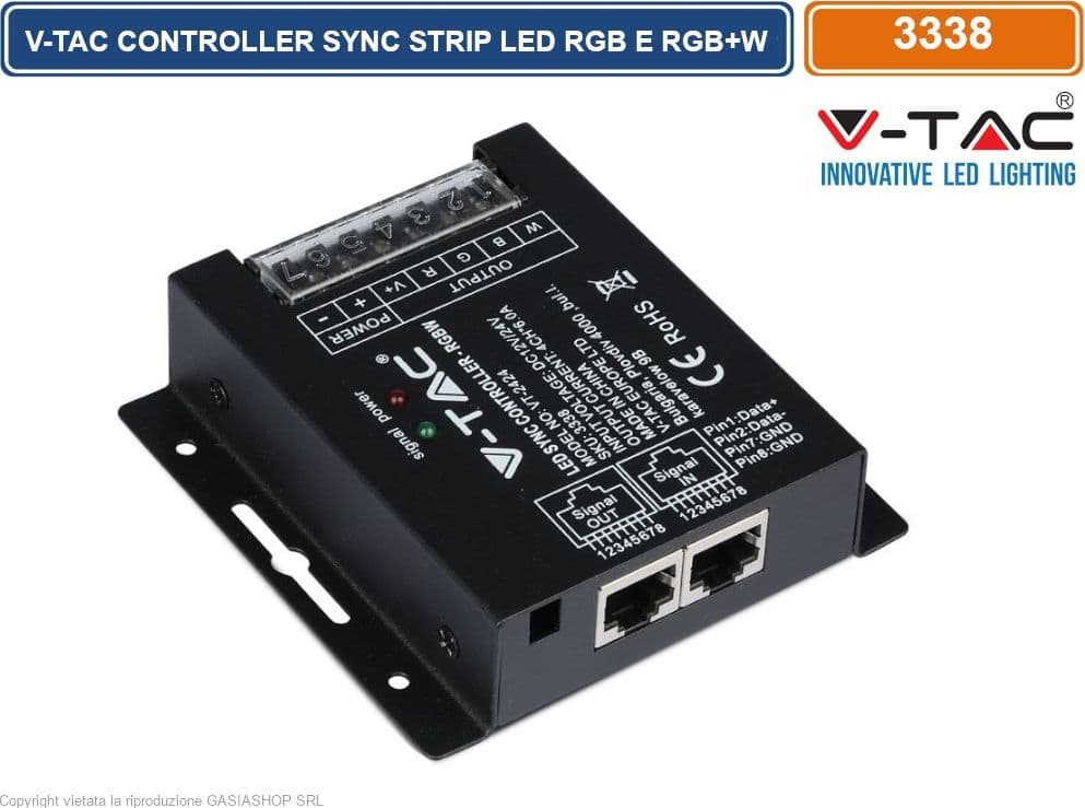V-TAC VT-2424 CONTROLLER DIMMER SYNC CONNESIONE RJ45 PER STRISCE LED RGB E RGB+W CON TELECOMANDO 4X 6A - SKU 3338