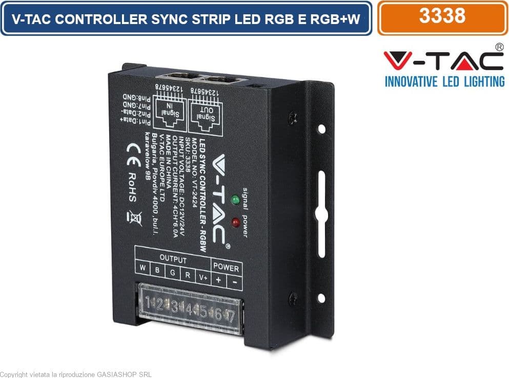V-TAC VT-2424 CONTROLLER DIMMER SYNC CONNESIONE RJ45 PER STRISCE LED RGB E RGB+W CON TELECOMANDO 4X 6A - SKU 3338 - 2