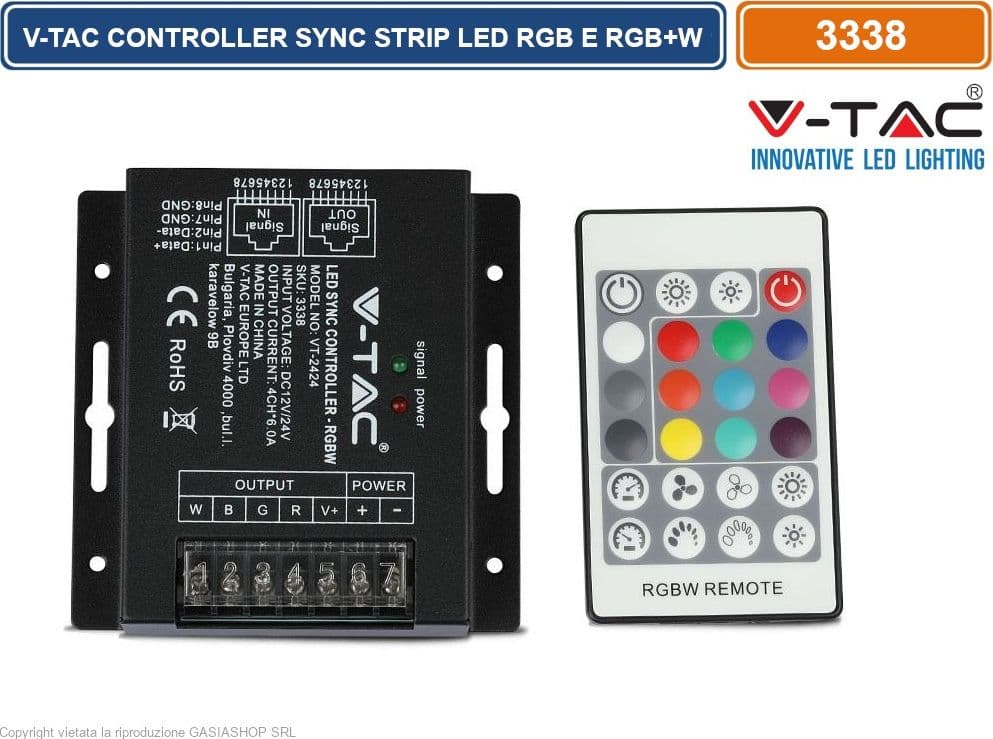 V-TAC VT-2424 CONTROLLER DIMMER SYNC CONNESIONE RJ45 PER STRISCE LED RGB E RGB+W CON TELECOMANDO 4X 6A - SKU 3338 - 3
