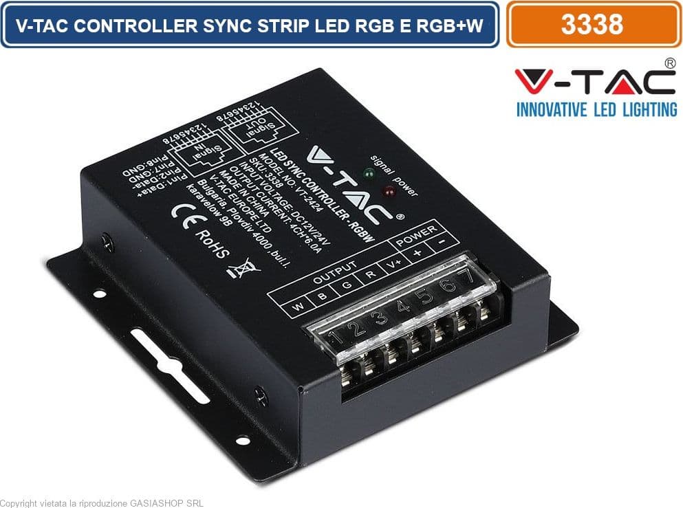 V-TAC VT-2424 CONTROLLER DIMMER SYNC CONNESIONE RJ45 PER STRISCE LED RGB E RGB+W CON TELECOMANDO 4X 6A - SKU 3338 - 4
