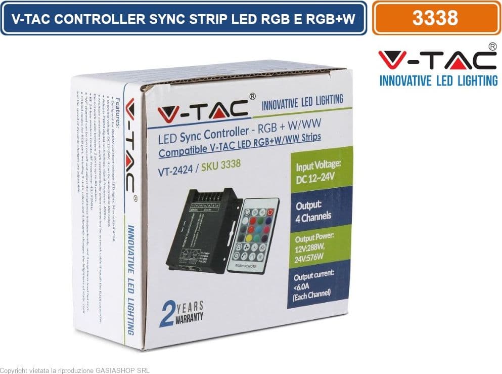 V-TAC VT-2424 CONTROLLER DIMMER SYNC CONNESIONE RJ45 PER STRISCE LED RGB E RGB+W CON TELECOMANDO 4X 6A - SKU 3338 - 5