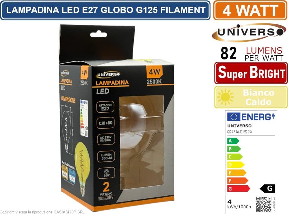 UNIVERSO G125-S-OC LAMPADINA LED E27 4W BULB G125 GLOBO FILAMENT VETRO AMBRATO 2500K - 2