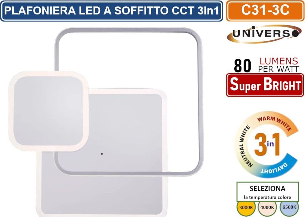 UNIVERSO C31-3C PLAFONIERA LED SMD DESIGN RETTANGOLARE 48W COLORE BIANCO CCT 3 IN 1 TEMPERATURA LUCE SELEZIONABILE - 2