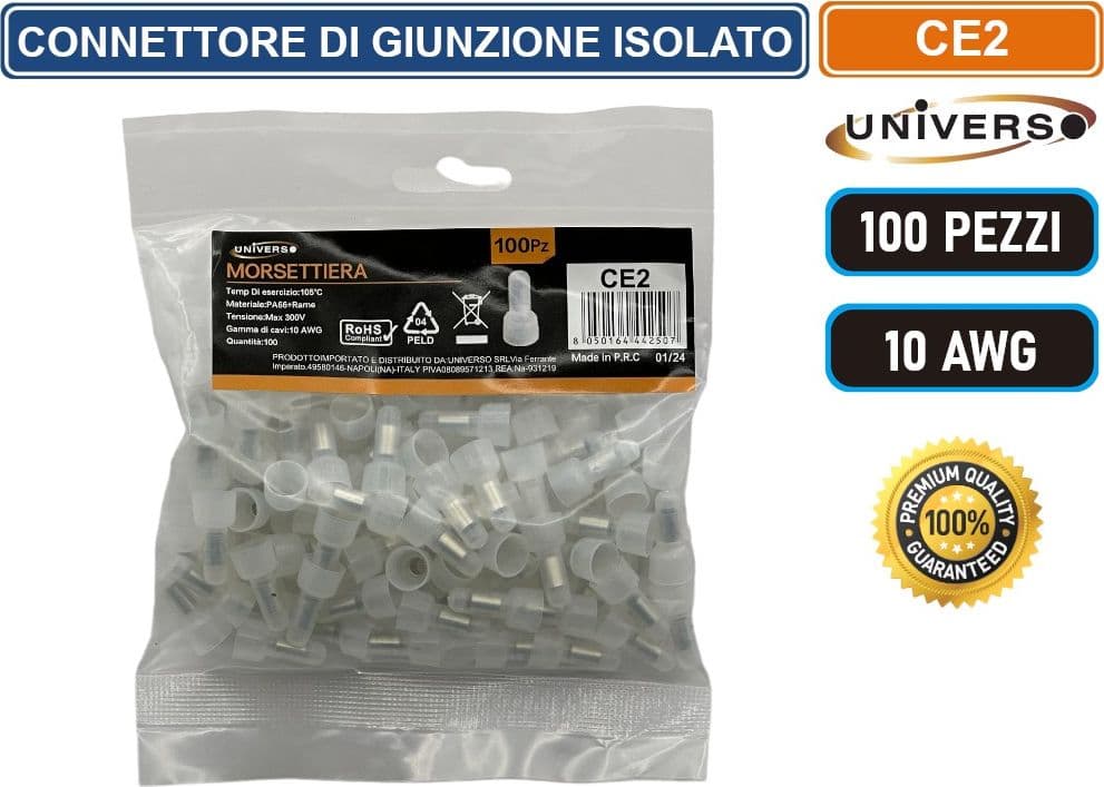 UNIVERSO CE2 CONFEZIONE 100 PEZZI CONNETTORE DI GIUNZIONE A CRIMPARE ISOLATO PER CAVI DA 10 AWG - 2