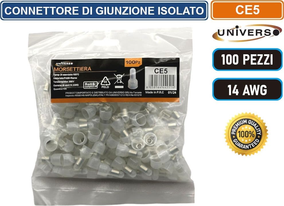 UNIVERSO CE5 CONFEZIONE 100 PEZZI CONNETTORE DI GIUNZIONE A CRIMPARE ISOLATO PER CAVI DA 14 AWG - 2