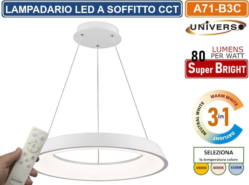 UNIVERSO A71-B3C LAMPADARIO LED SMD A SOSPENSIONE DESIGN CIRCOLARE 43W COLORE BIANCO CCT 3 IN 1 TEMPERATURA LUCE SELEZIONABILE