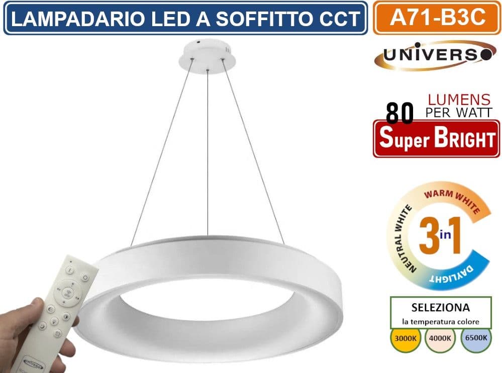 UNIVERSO A71-B3C LAMPADARIO LED SMD A SOSPENSIONE DESIGN CIRCOLARE 43W COLORE BIANCO CCT 3 IN 1 TEMPERATURA LUCE SELEZIONABILE - 2