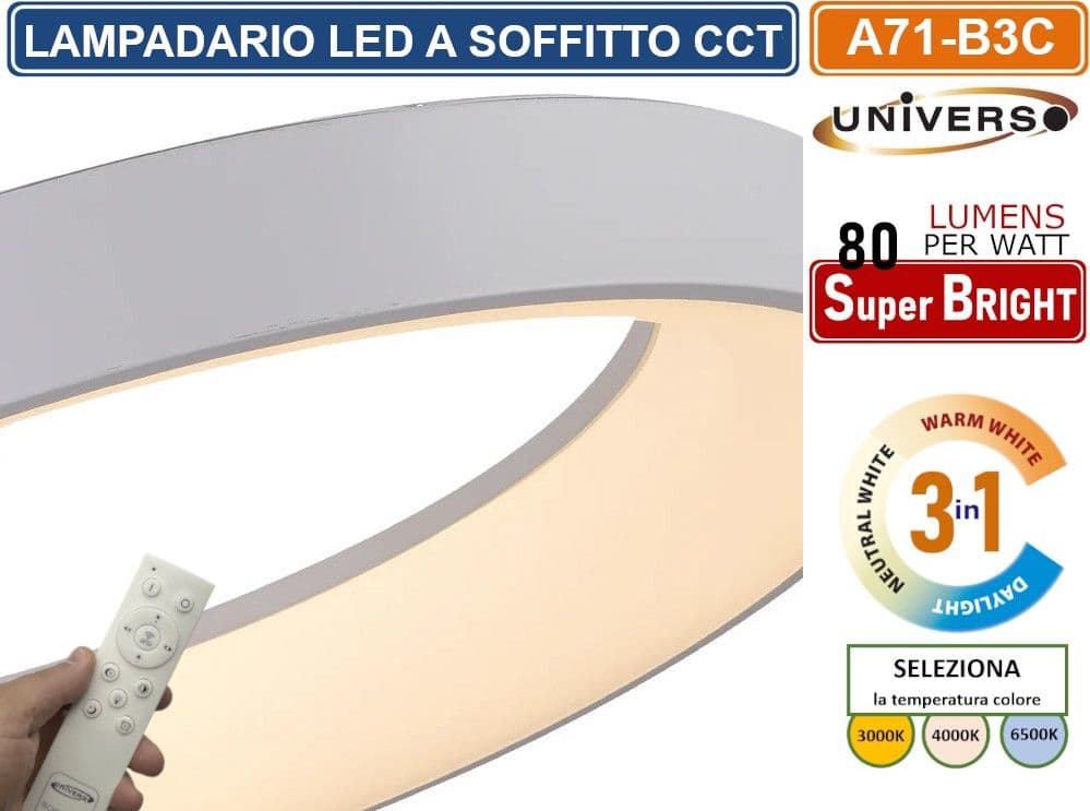 UNIVERSO A71-B3C LAMPADARIO LED SMD A SOSPENSIONE DESIGN CIRCOLARE 43W COLORE BIANCO CCT 3 IN 1 TEMPERATURA LUCE SELEZIONABILE - 3