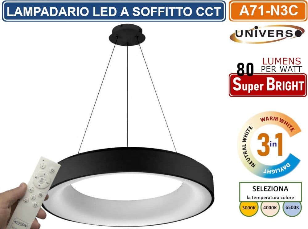 UNIVERSO A71-N3C LAMPADARIO LED SMD A SOSPENSIONE DESIGN CIRCOLARE 43W COLORE NERO CCT 3 IN 1 TEMPERATURA LUCE SELEZIONABILE - 2
