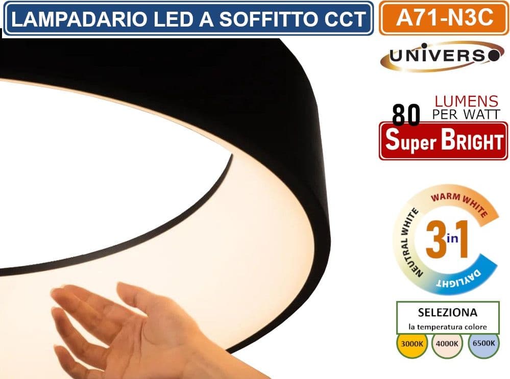UNIVERSO A71-N3C LAMPADARIO LED SMD A SOSPENSIONE DESIGN CIRCOLARE 43W COLORE NERO CCT 3 IN 1 TEMPERATURA LUCE SELEZIONABILE - 3