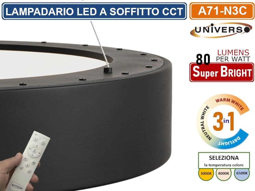 UNIVERSO A71-N3C LAMPADARIO LED SMD A SOSPENSIONE DESIGN CIRCOLARE 43W COLORE NERO CCT 3 IN 1 TEMPERATURA LUCE SELEZIONABILE - 4