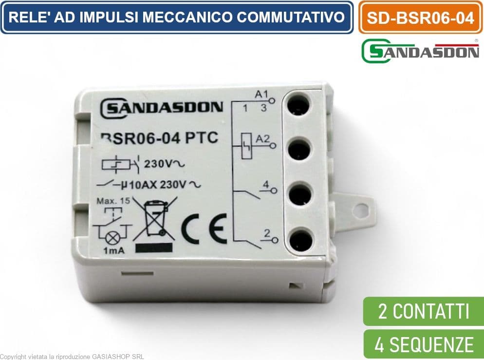 SANDASDON SD-BSR06/04 RELÈ AD IMPULSI MECCANICO COMMUTATO 10A 2NO 2 CONTATTI 4 SEQUENZE TIPO FINDER 27258230.00.00 - 2