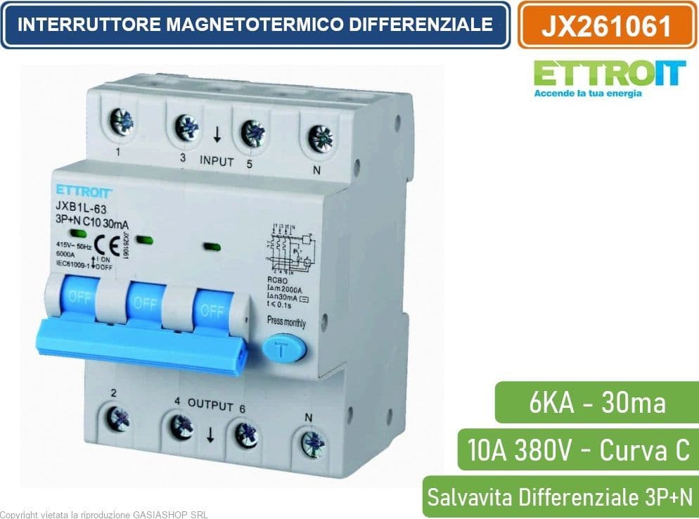 ETTROIT INTERRUTTORE MAGNETOTERMICO DIFFERENZIALE SALVAVITA PER BARRA DIN 4 MODULI 3P+N 10A C10 380V 30mA 6KA - 4