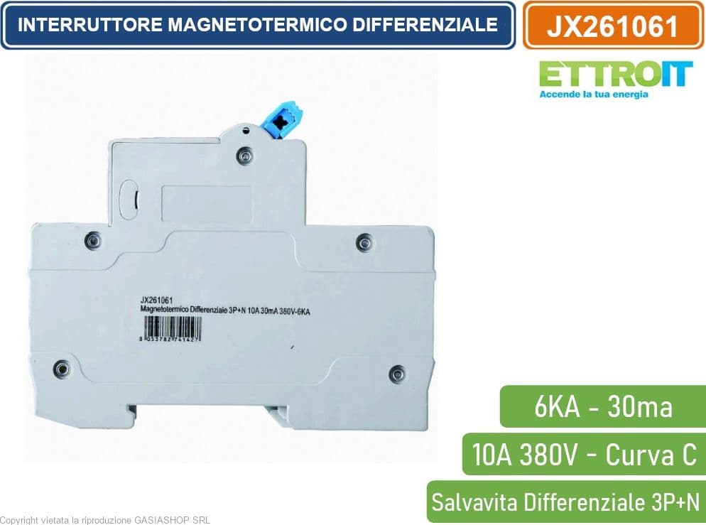 ETTROIT INTERRUTTORE MAGNETOTERMICO DIFFERENZIALE SALVAVITA PER BARRA DIN 4 MODULI 3P+N 10A C10 380V 30mA 6KA - 3