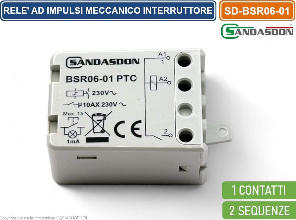 SANDASDON SD-BSR06/01 RELÈ AD IMPULSI MECCANICO 10A 1NO 1 CONTATTO 2 SEQUENZE TIPO FINDER 26018230.26.01 - 2