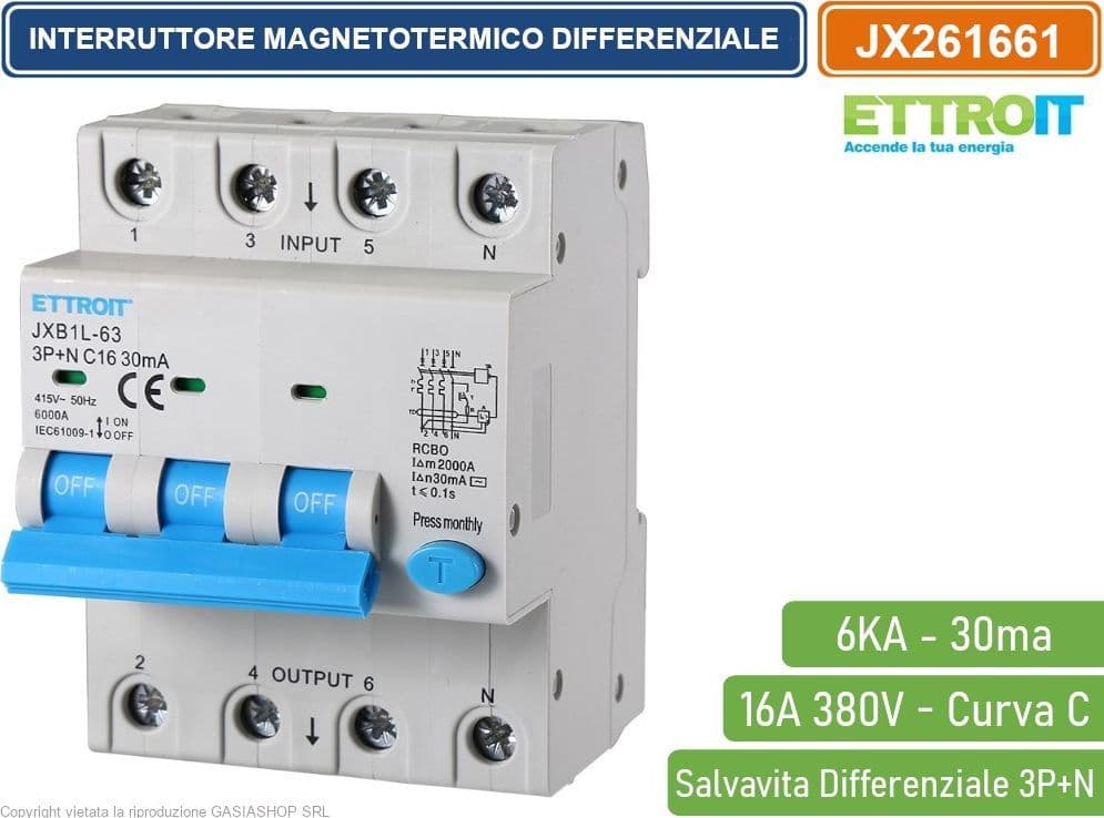 ETTROIT INTERRUTTORE MAGNETOTERMICO DIFFERENZIALE SALVAVITA PER BARRA DIN 4 MODULI 3P+N 16A C16 380V 30mA 6KA - 4