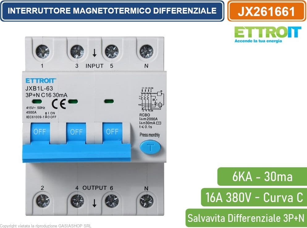 ETTROIT INTERRUTTORE MAGNETOTERMICO DIFFERENZIALE SALVAVITA PER BARRA DIN 4 MODULI 3P+N 16A C16 380V 30mA 6KA - 2