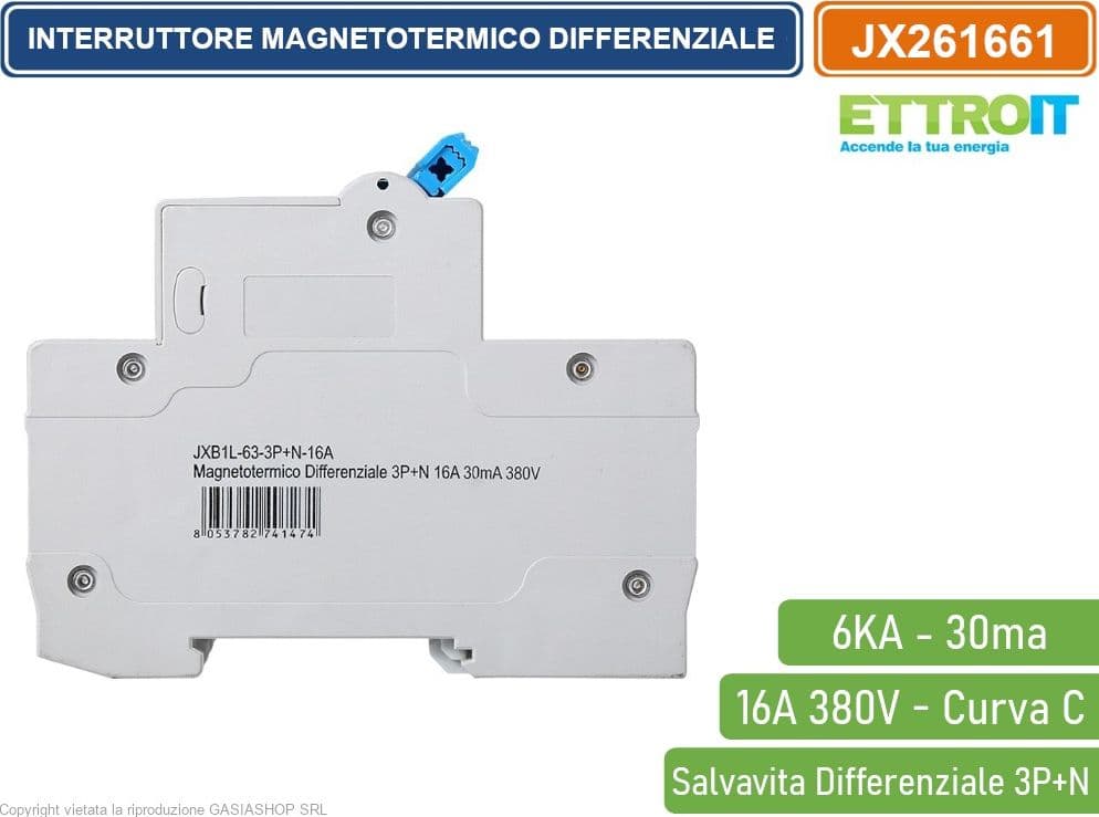ETTROIT INTERRUTTORE MAGNETOTERMICO DIFFERENZIALE SALVAVITA PER BARRA DIN 4 MODULI 3P+N 16A C16 380V 30mA 6KA - 3