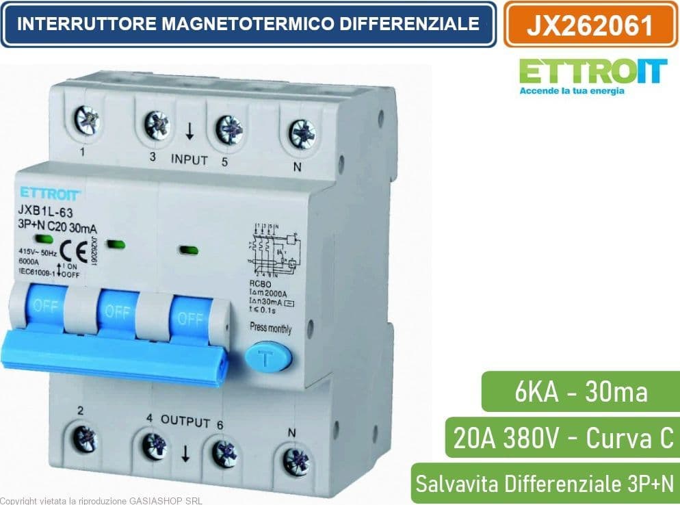 ETTROIT INTERRUTTORE MAGNETOTERMICO DIFFERENZIALE SALVAVITA PER BARRA DIN 4 MODULI 3P+N 20A C20 380V 30mA 6KA - 4