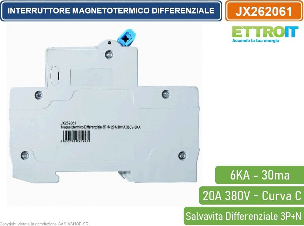 ETTROIT INTERRUTTORE MAGNETOTERMICO DIFFERENZIALE SALVAVITA PER BARRA DIN 4 MODULI 3P+N 20A C20 380V 30mA 6KA - 3