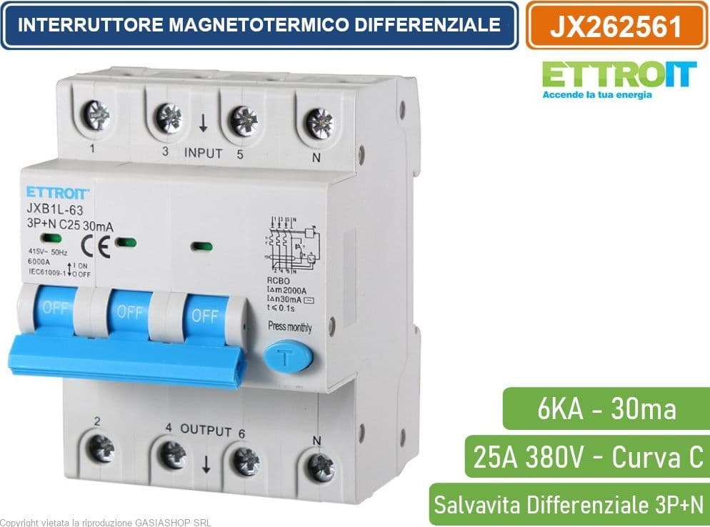 ETTROIT INTERRUTTORE MAGNETOTERMICO DIFFERENZIALE SALVAVITA PER BARRA DIN 4 MODULI 3P+N 25A C25 380V 30mA 6KA - 4