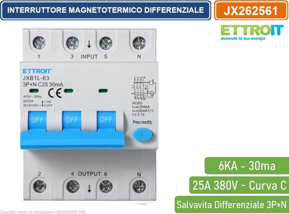 ETTROIT INTERRUTTORE MAGNETOTERMICO DIFFERENZIALE SALVAVITA PER BARRA DIN 4 MODULI 3P+N 25A C25 380V 30mA 6KA - 2
